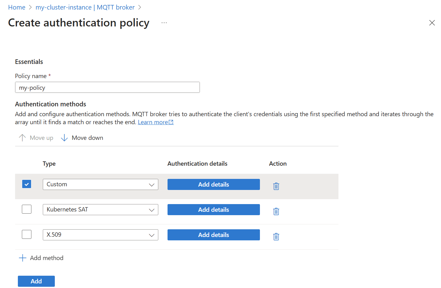 Snímek obrazovky znázorňující použití webu Azure Portal k přidání metody zásad ověřování zprostředkovatele MQTT