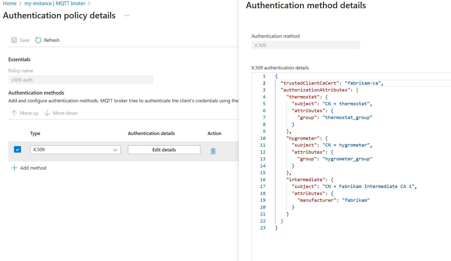 Snímek obrazovky znázorňující, jak pomocí webu Azure Portal vytvořit metodu ověřování X.509 zprostředkovatele MQTT