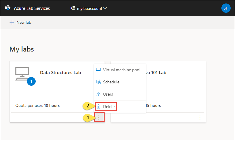 Snímek obrazovky se stránkou My Labs na webu Azure Lab Services se zvýrazněním tlačítka Odstranit