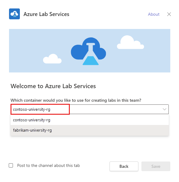 Snímek obrazovky s dialogovým oknem Azure Lab Services pro výběr skupiny prostředků pro váš plán testovacího prostředí