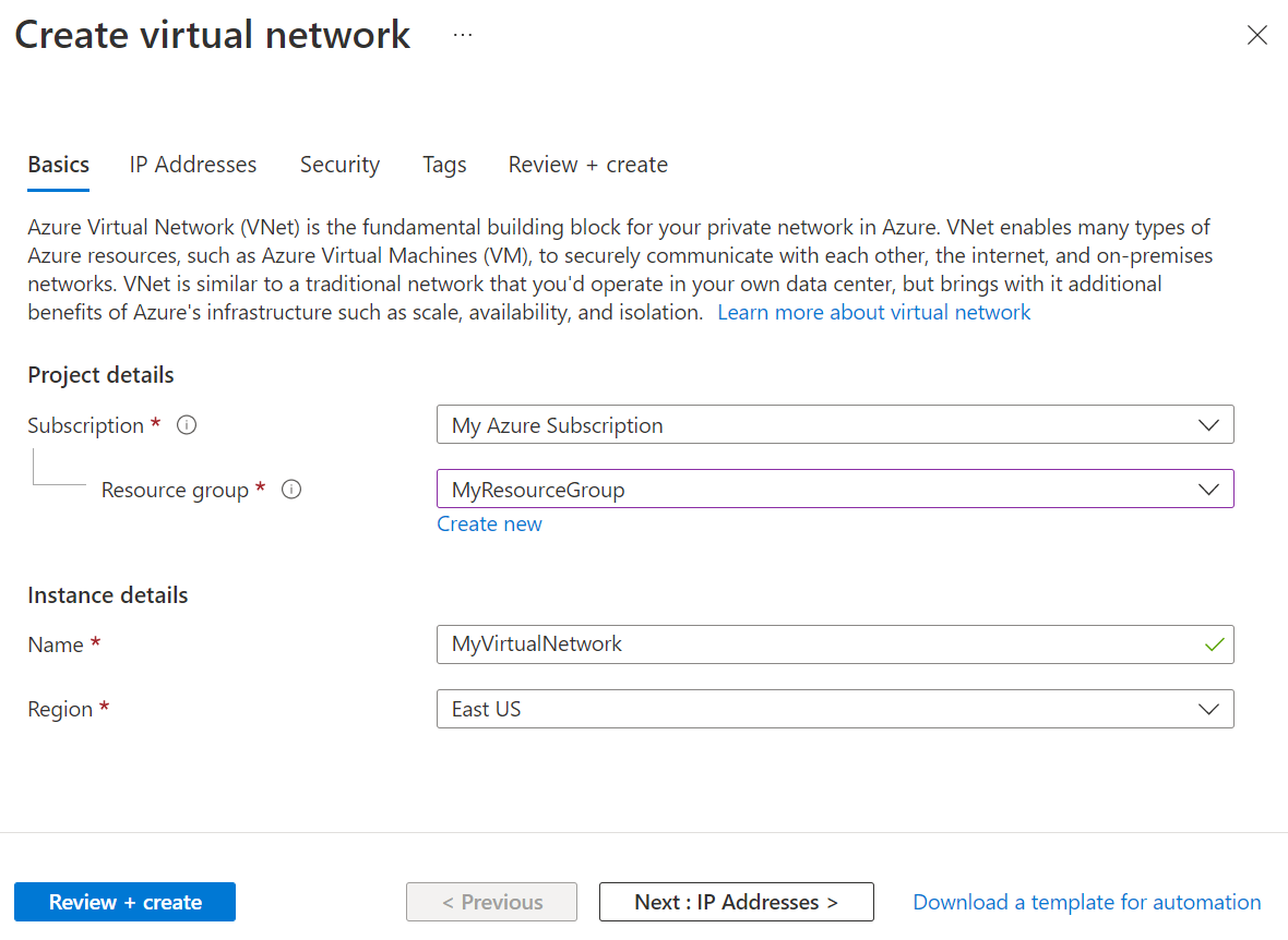 Snímek obrazovky s kartou Základy na stránce Vytvořit virtuální síť na webu Azure Portal