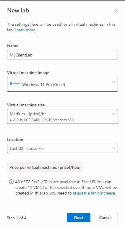 Snímek obrazovky s oknem New lab (Nové testovací prostředí) pro Azure Lab Services.