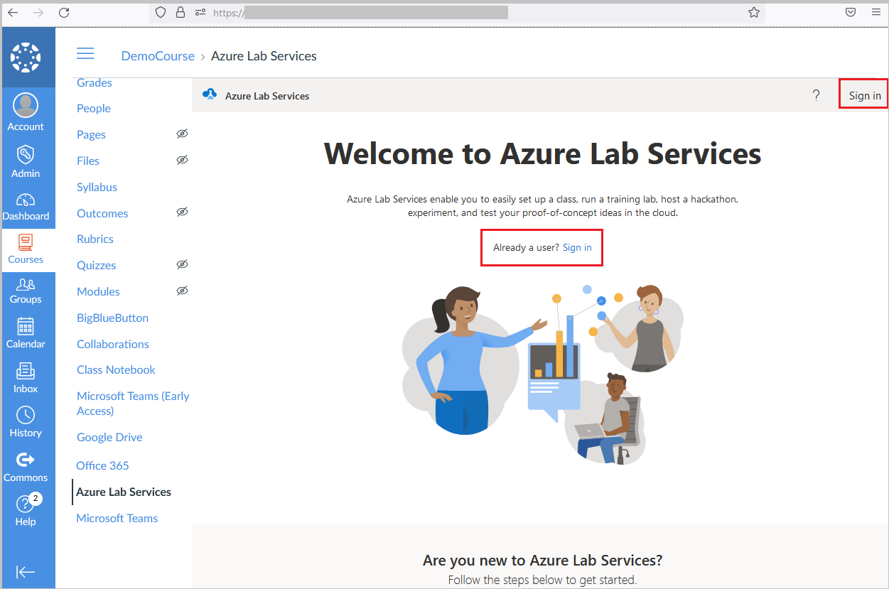 Přihlašovací obrazovka služby Azure Lab Services