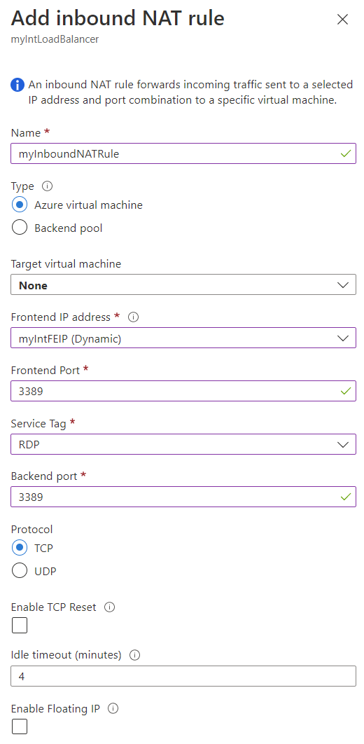 Snímek obrazovky se stránkou Přidat příchozí pravidlo překladu adres (NAT) pro Azure Virtual Machines