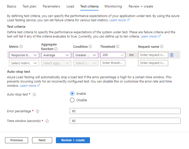 Snímek obrazovky, který ukazuje, jak nakonfigurovat kritéria testu při vytváření testu na webu Azure Portal