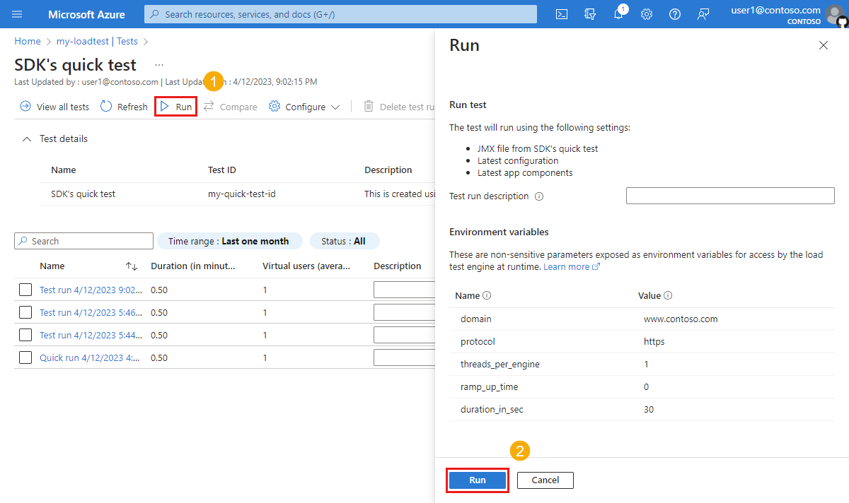 Snímek obrazovky znázorňující stránku zátěžového testu spuštění na webu Azure Portal, která umožňuje přepsání popisu testovacího spuštění a parametrů testu