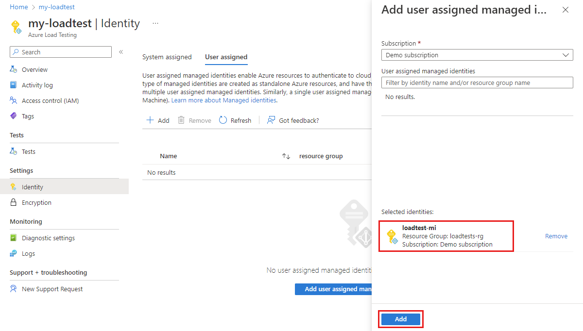 Snímek obrazovky, který ukazuje, jak zapnout spravovanou identitu přiřazenou uživatelem pro Azure Load Testing.