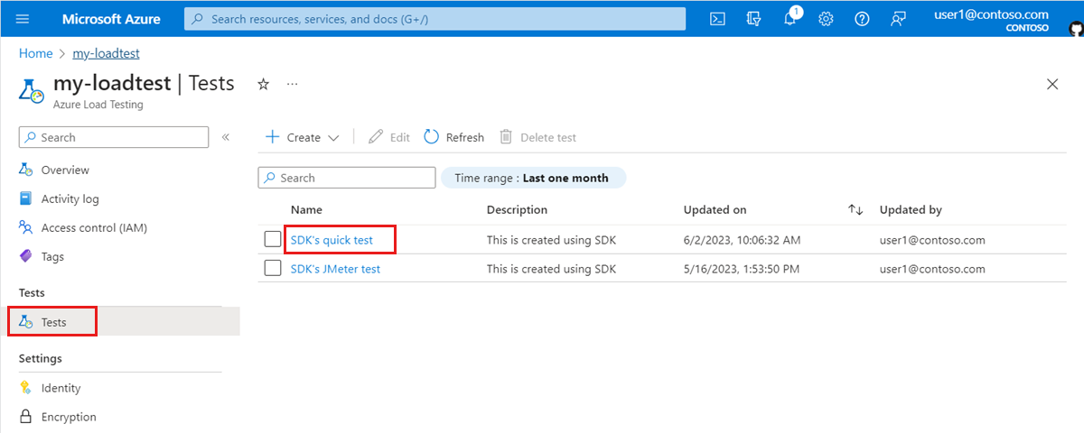 Snímek obrazovky se seznamem testů pro prostředek Azure Load Testing