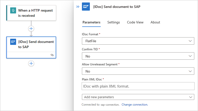 Snímek obrazovky ukazuje standardní pracovní postup s integrovanou akcí SAP s názvem [IDoc] Odeslat dokument do SAP.