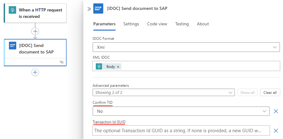 Snímek obrazovky znázorňující pracovní postup Consumption s akcí S názvem IDOC Send document to SAP