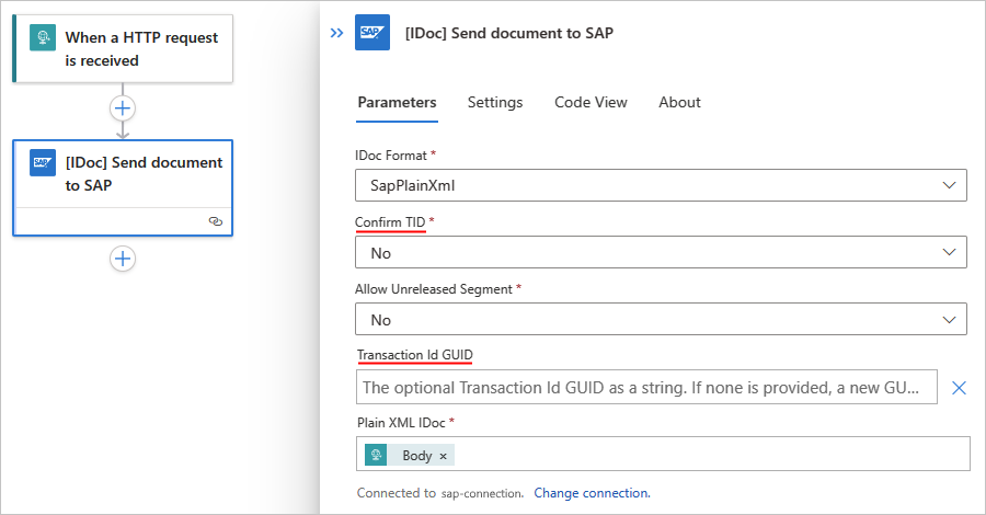 Snímek obrazovky znázorňující standardní pracovní postup s akcí IDOC Send document to SAP