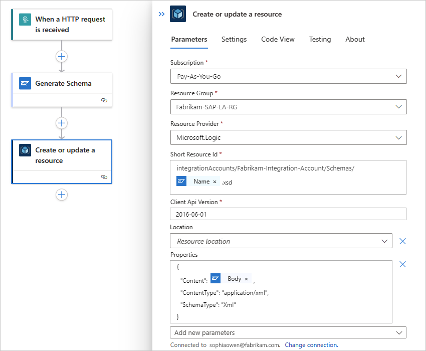 Snímek obrazovky znázorňující standardní pracovní postup a akci Azure Resource Manageru s přidanými parametry s názvem Umístění a Vlastnosti