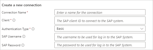 Snímek obrazovky znázorňující parametry připojení SAP v pracovních postupech Consumption