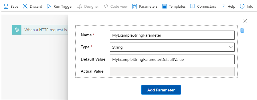 Snímek obrazovky s webem Azure Portal, návrhářem pro pracovní postup Consumption a podoknem Parametry s ukázkovou definicí parametru