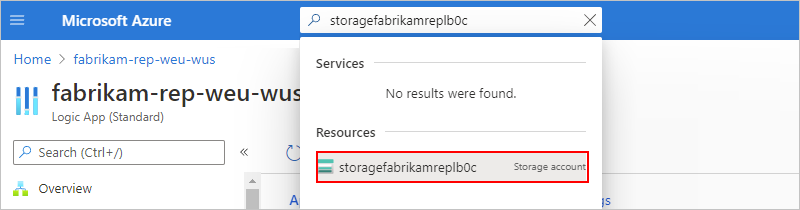 Snímek obrazovky zobrazující vyhledávací pole webu Azure Portal se zadaným názvem účtu úložiště