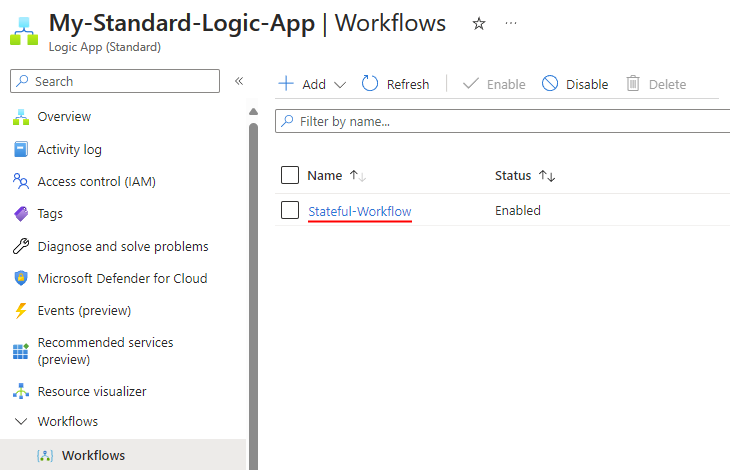 Snímek obrazovky ukazuje nový prázdný stavový pracovní postup s názvem Stateful-Workflow.