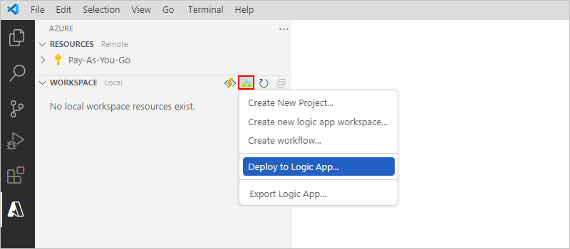 Snímek obrazovky s oknem Azure s panelem nástrojů Pracovního prostoru a místní nabídkou Azure Logic Apps s vybranou možností Nasadit do aplikace logiky