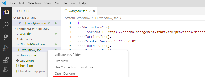 Snímek obrazovky s podoknem Průzkumník, workflow.json místní nabídkou souborů a vybranou možností Otevřít Návrhář