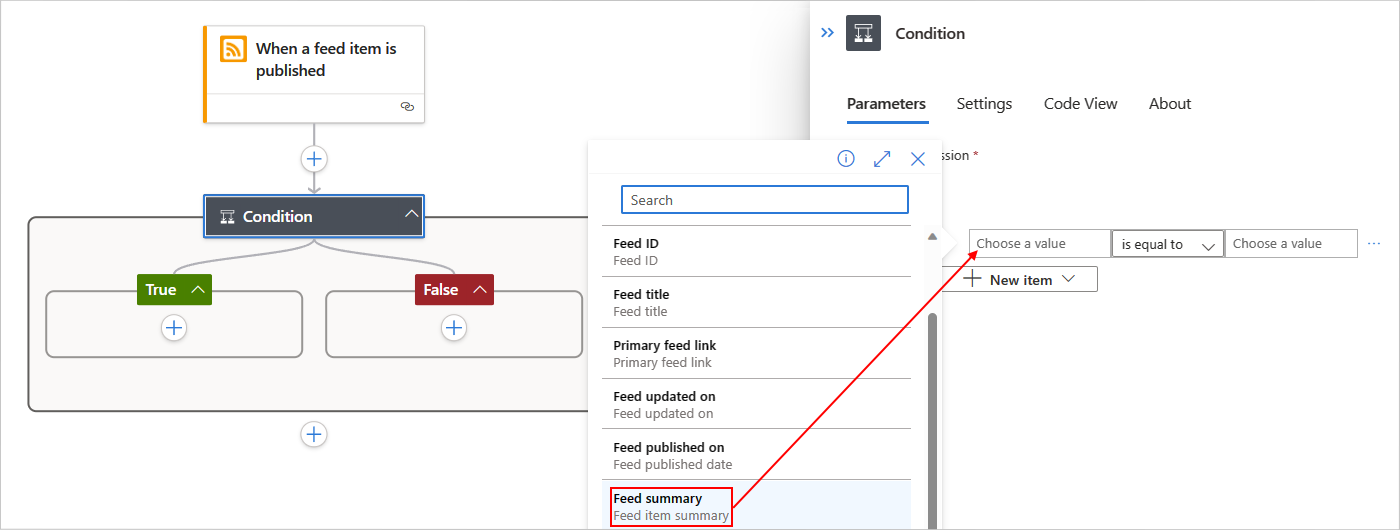 Snímek obrazovky znázorňující Azure Portal, návrháře standardního pracovního postupu, trigger RSS a akci podmínky s konstrukcí kritérií