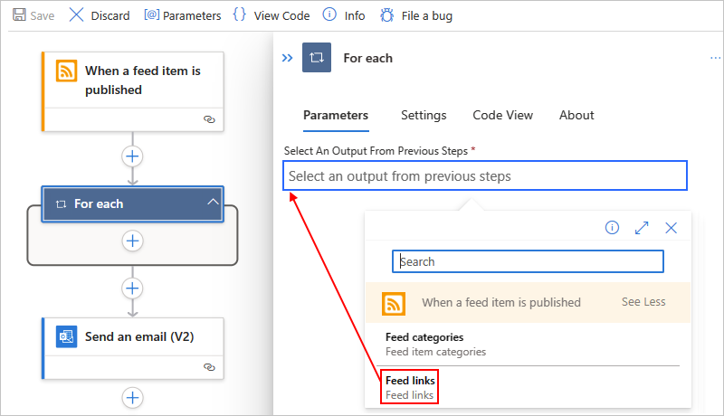 Snímek obrazovky s webem Azure Portal, návrhářem standardních pracovních postupů, akcí s názvem Pro každou a otevřením seznamu dynamického obsahu