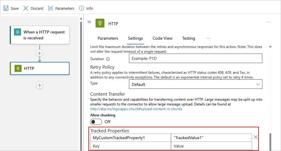 Snímek obrazovky s webem Azure Portal, návrhářem pro standardní pracovní postup a akcí HTTP se sledovanými vlastnostmi