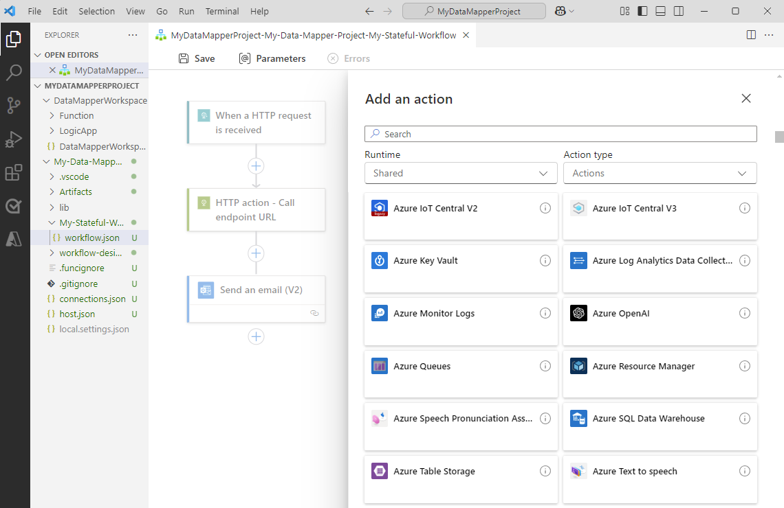 Snímek obrazovky znázorňující Visual Studio Code, projekt standardní aplikace logiky a návrhář pracovních postupů