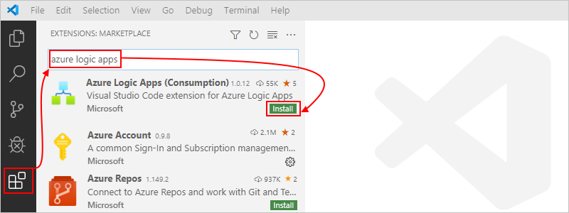 Vyhledání rozšíření Editoru Visual Studio Code pro Azure Logic Apps