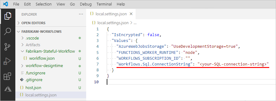 Snímek obrazovky znázorňující Visual Studio Code, projekt aplikace logiky a otevření souboru local.settings.json s nastavením SQL připojovací řetězec