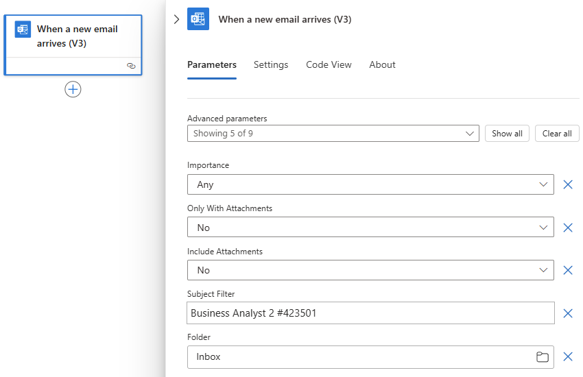 Snímek obrazovky znázorňující pracovní postup Consumption a trigger Office 365 Outlook