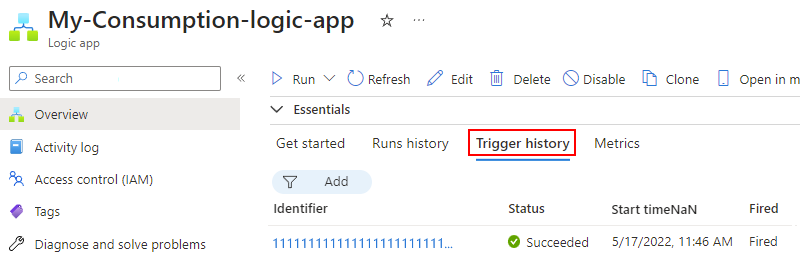 Snímek obrazovky s webem Azure Portal, pracovním postupem Consumption a stránkou Přehled s vybranou kartou s názvem Historie triggerů