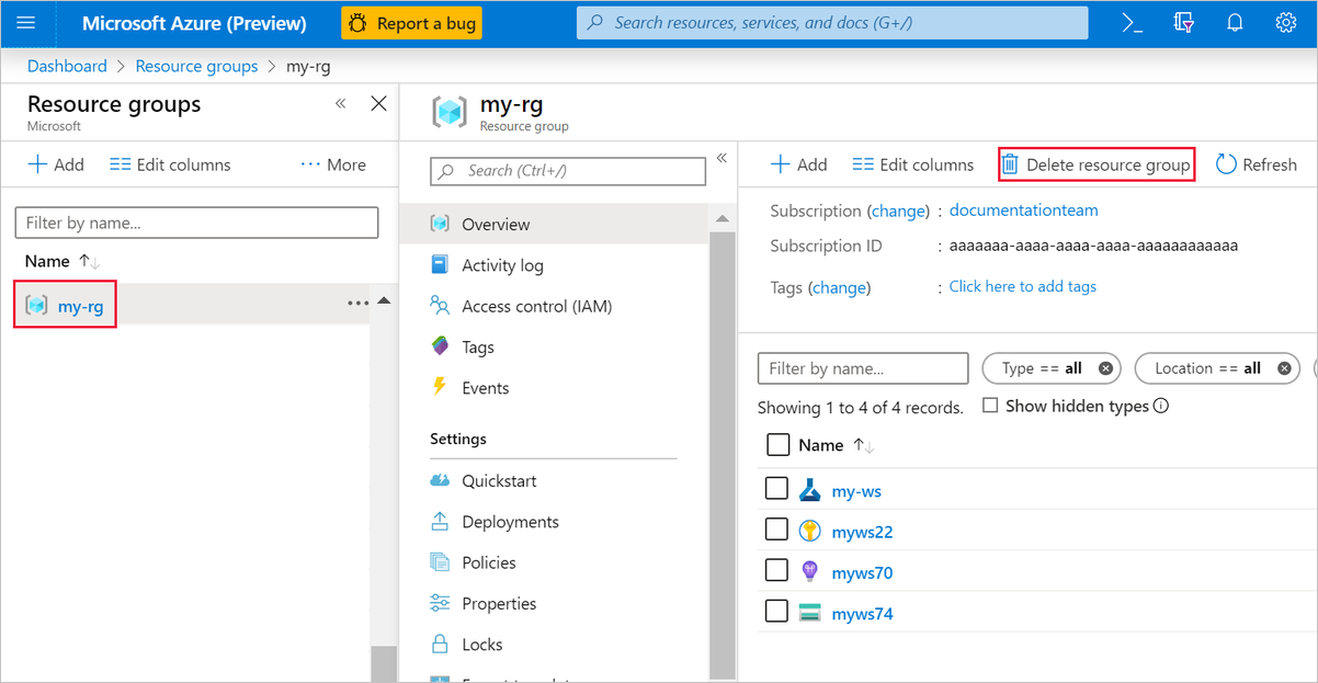 Odstranění skupiny prostředků na webu Azure Portal