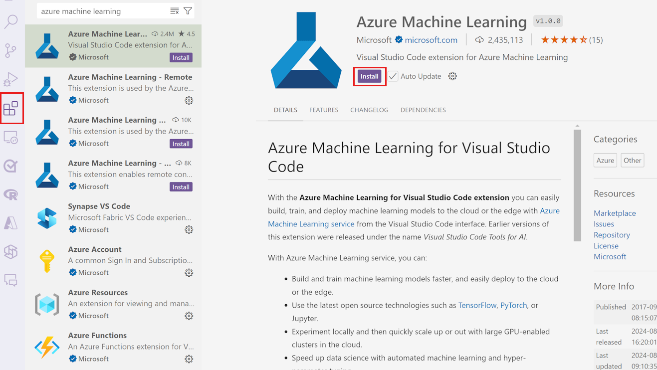 Instalace rozšíření Azure Machine Learning VS Code