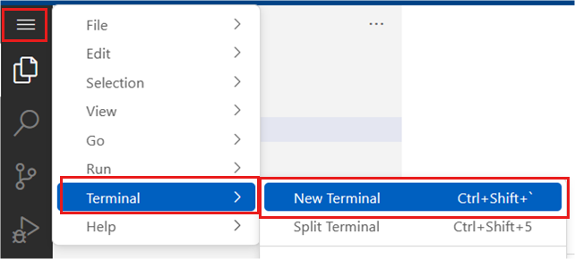 Snímek obrazovky znázorňující otevření okna terminálu z editoru VS Code