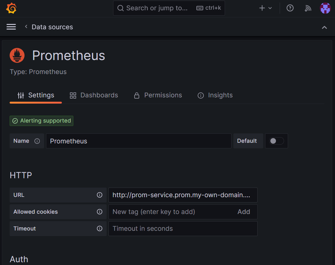 Snímek obrazovky platformy Grafana znázorňující přidání prometheus jako zdroje dat