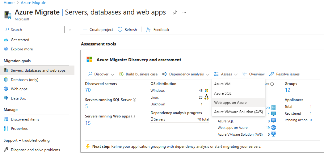 Snímek obrazovky se stránkou Přehled pro Azure Migrate