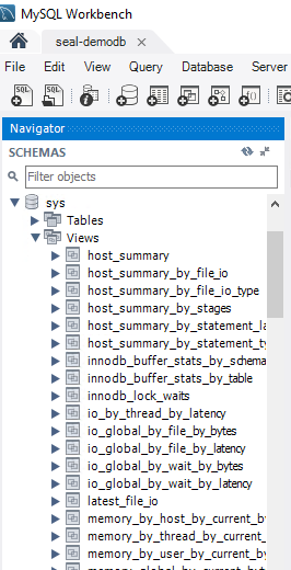 Snímek obrazovky se zobrazeními sys_schema