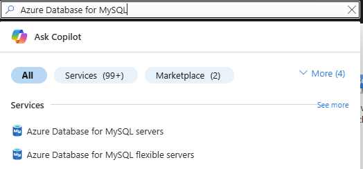 Snímek obrazovky znázorňující hledání serverů Azure Database for MySQL