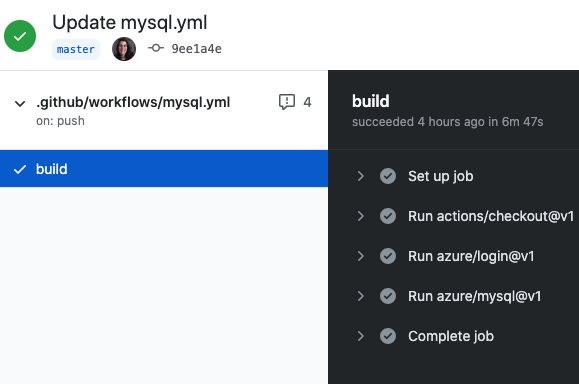 Snímek obrazovky s protokolem spuštění GitHub Actions