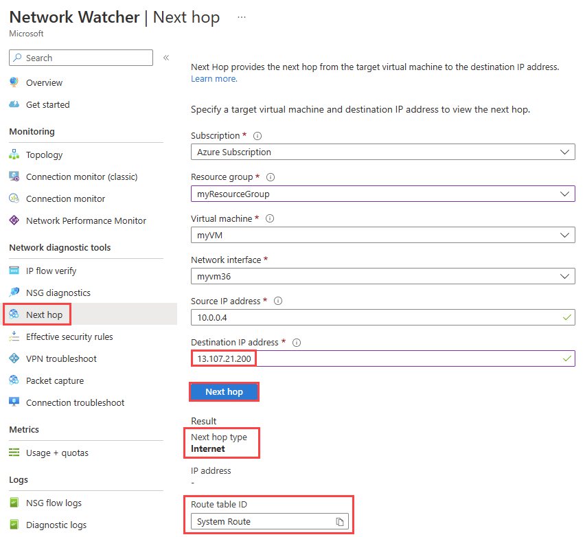 Snímek obrazovky znázorňující, jak otestovat komunikaci s www.bing.com pomocí funkce dalšího segmentu směrování služby Azure Network Watcher