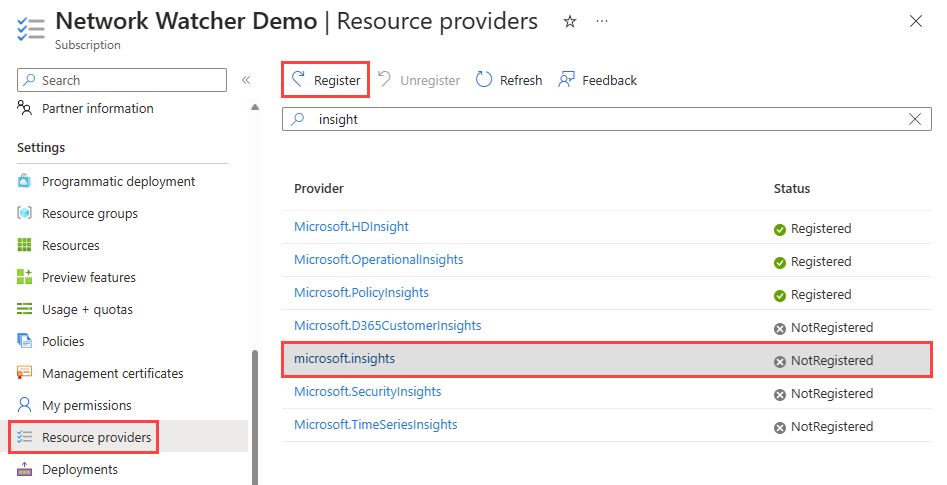 Snímek obrazovky s registrací poskytovatele Microsoft Insights na webu Azure Portal