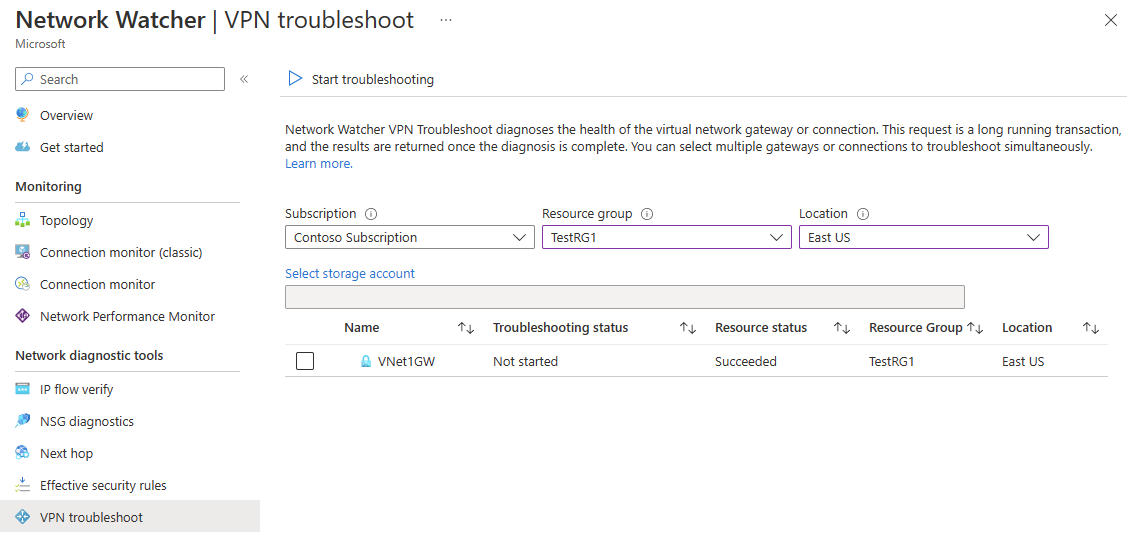 Snímek obrazovky s řešením potíží se sítí VPN služby Azure Network Watcher na webu Azure Portal