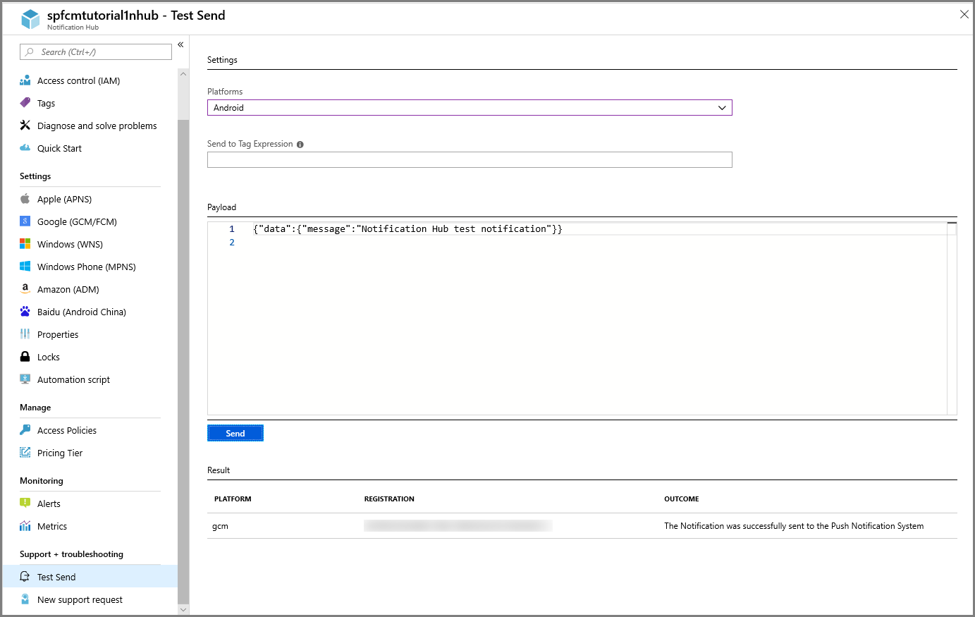 Azure Notification Hubs – testovací odeslání