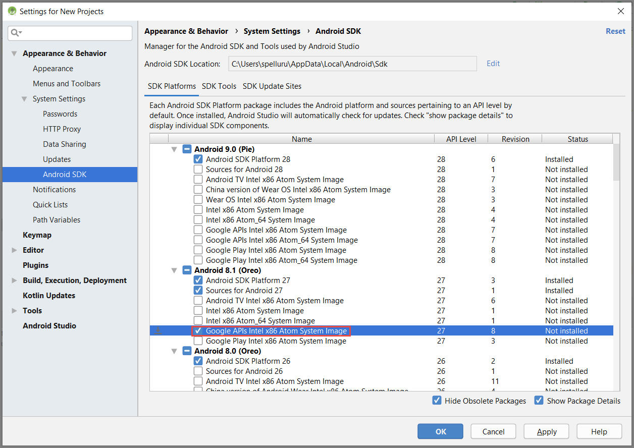 Správce sady Android SDK – Vybraná rozhraní API Google