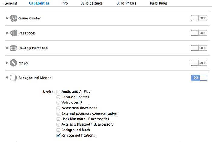 Snímek obrazovky projektu pro iOS zobrazující obrazovku Capabilities Režimy pozadí jsou zapnuté a je zaškrtnuté políčko Vzdálená oznámení.