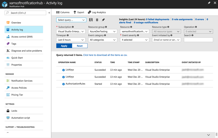 Protokol aktivit na webu Azure Portal