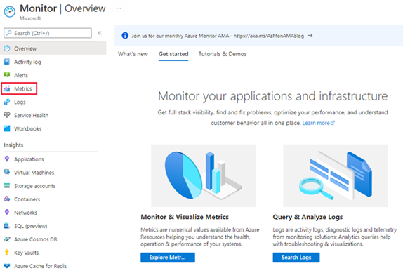 Snímek obrazovky s výběrem metrik služby Azure Monitor