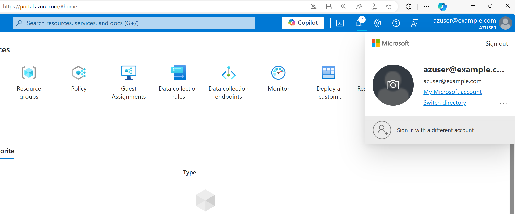 zobrazující informace o účtu na webu Azure Portal