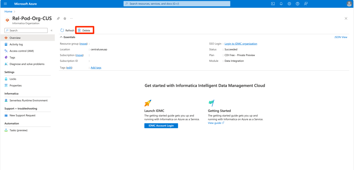 Snímek obrazovky znázorňující odstranění prostředku Informatica