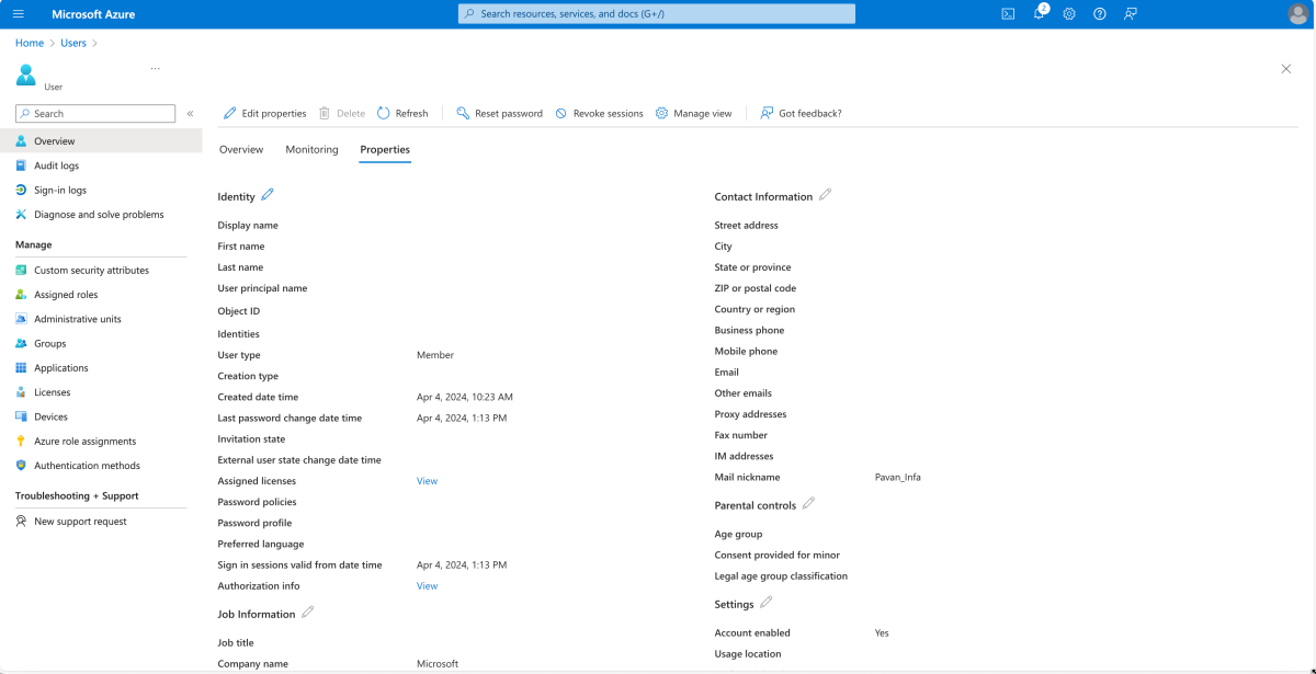 Snímek obrazovky s informacemi o uživateli na webu Azure Portal