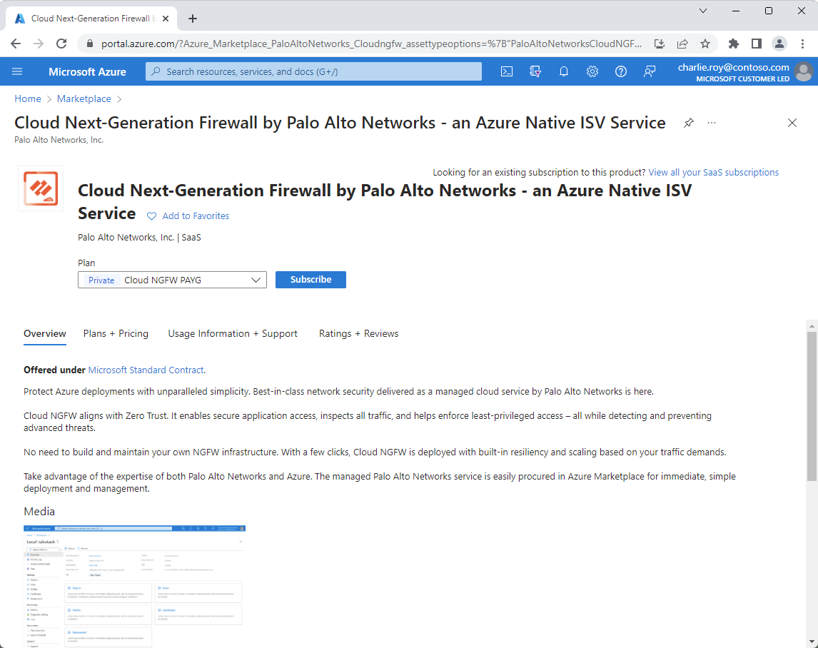 Snímek obrazovky cloudových NGFW od Palo Alto Networks na Azure Marketplace